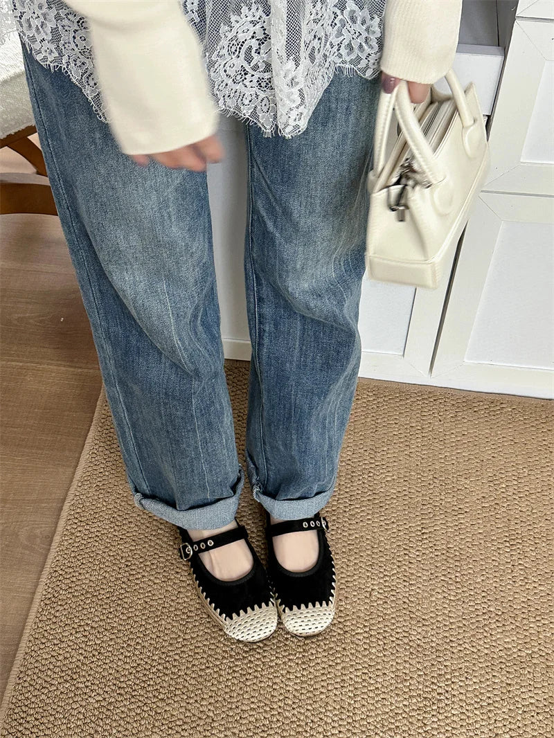 Cyflymder  New Woven Splicing Flats Women Faux Suede French Style Round Toe Buckle Mary Jane Shoes Comfort Shallow Designer Shoes Loafers