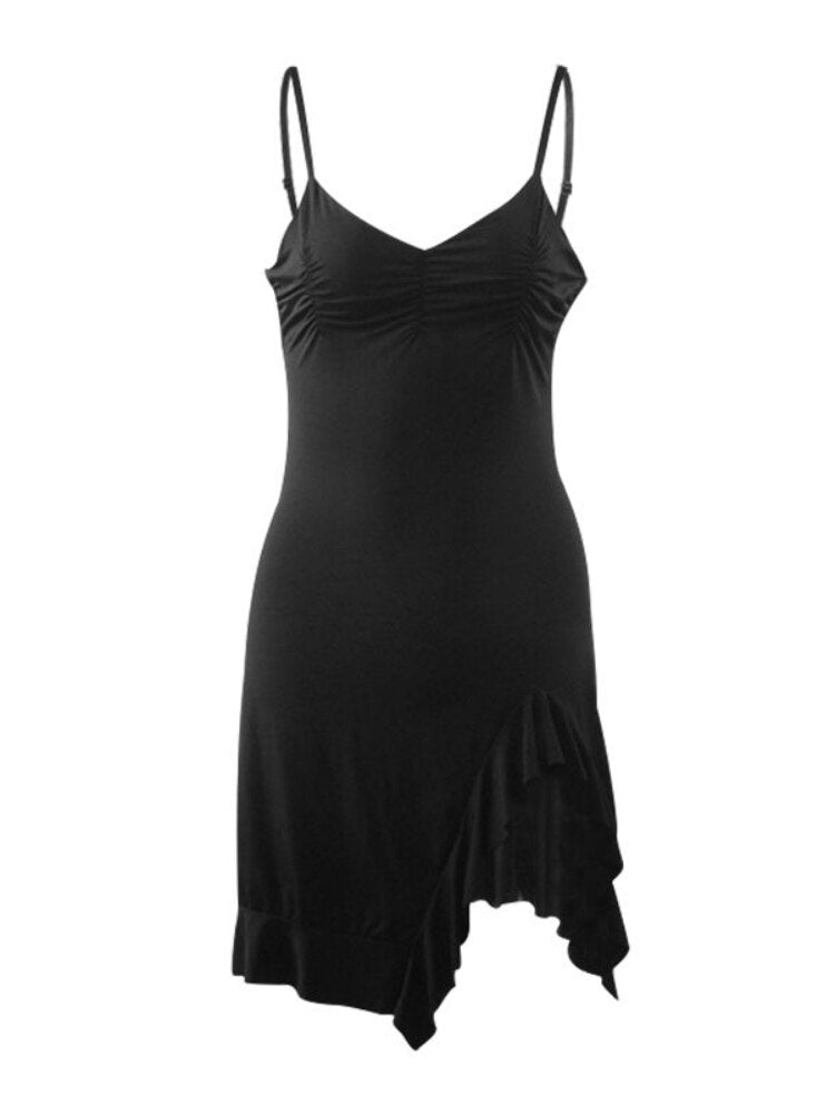 Cyflymder Sexy Black Dress Women Summer Bodycon Spaghetti Strap Mini Dress Sleeveless Irregular Vintage Streetwear Ruffle Sundress