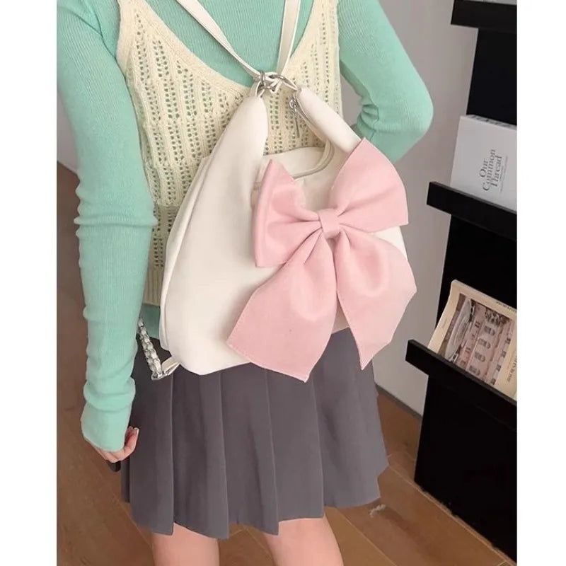 Cyflymder Pink Bow Womens Shoulder Bag Korean Style Fashion Large Capacity Sweet Backpack Cute Exquisite Elegant New Female Tote Bag