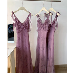 Cyflymder  Women's Summer Lace Up Strap V Neck Sleeveless Slim Floral Long Dress Lady Streetwear Holiday Elegant Fit And Flare Dress