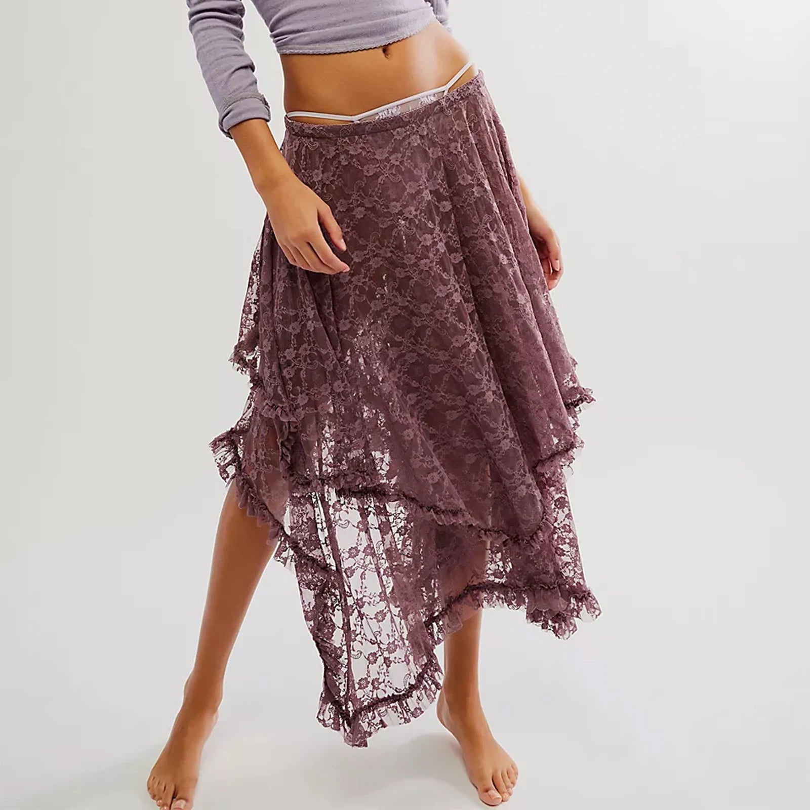 Cyflymder  Women's Solid Color Midi Skirts Lace Elastic High Waist Skirts Spring Summer Sweet Irregular Hem Casual Skirts