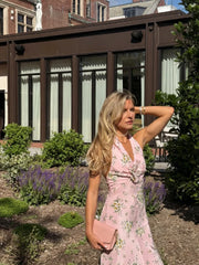 Cyflymder  Women Retro Floral Print Stand Collar Maxi Skirt Elegant Deep V Neck Sleeveless Front Bodycon Party Dresses Formal Evening Dress