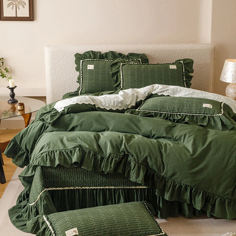 Cyflymder  100% Cotton yarn-dyed Plaid Washed Cotton Ruffles Korean Princess Bedding Set Duvet Cover Quilted Bedspread Pillowcases 4Pcs