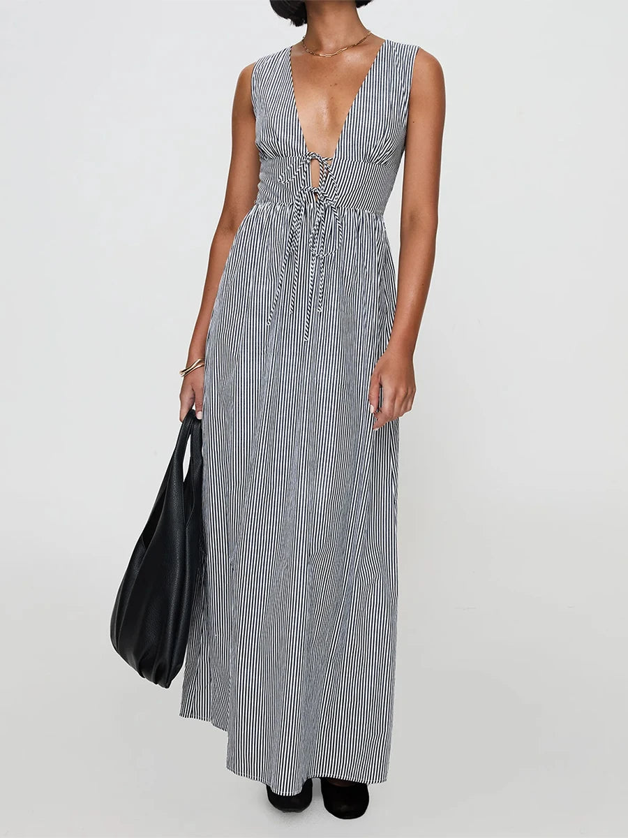 Cyflymder  Elegant Floral Print Sleeveless Maxi Dress with V-Neckline and Tie Waist Detail for Summer Wedding Party or Vacation Beachwear