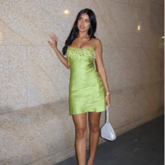 Cyflymder  Sequin Tassel Green Mini Dress Women Satin Spaghetti Straps Square Neck Party Clubs Short Skirt NEW Summer Vacation Dresses