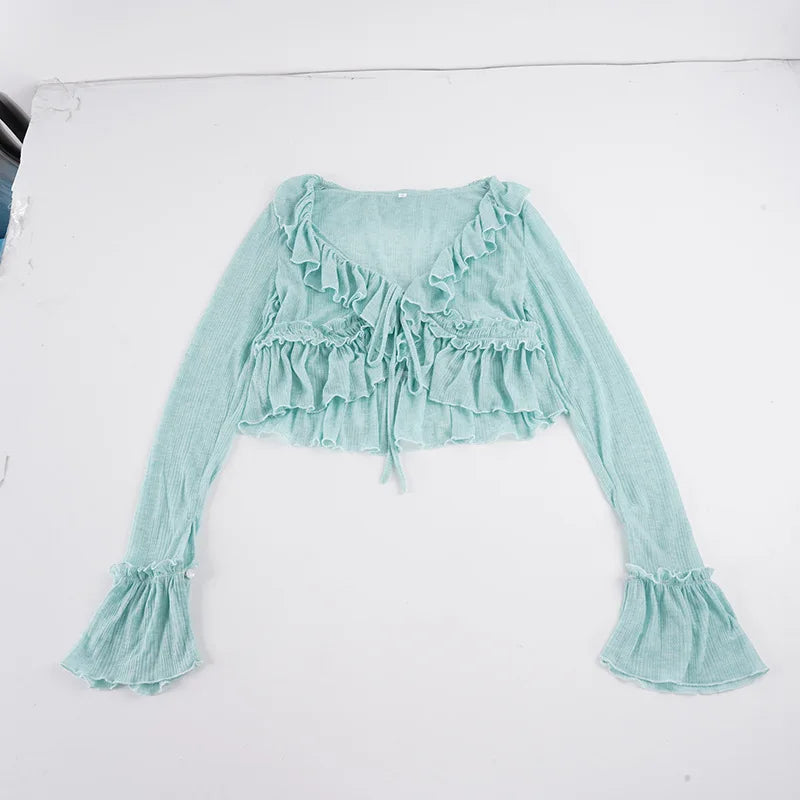 Cyflymder  Ruffles Trim Tie-up Super-short Sheer Cardigan Top V Neck Long Flare Sleeve Slim Sweet Girl Crop Top Beachwear Summer Tee