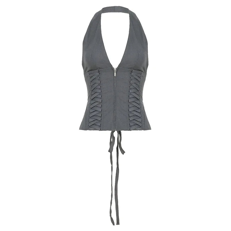 Cyflymder  Women Slim Cross Lace Up Halter Tank Tops Front Zipper Sexy V-neck Sleeveless Backless Bandage Corset Vests Matching Tees