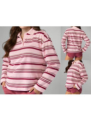 Cyflymder  Women s Long Sleeve Striped T-shirt with Turn-down Collar Loose Fit Casual Top for Fall Streetwear Fashion