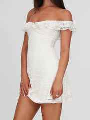 Cyflymder  Elegant Ladies Solid Lace Dress Summer Holiday Ruffles Off-shoulder A-line Mini Dresses for Women Vintage 2000s Clothing