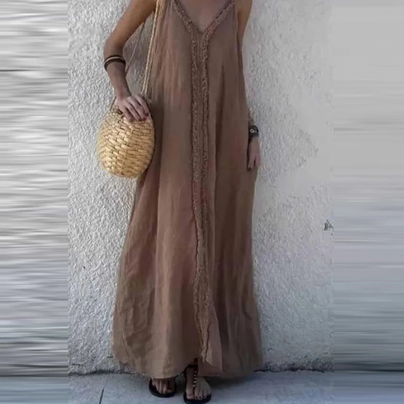 Cyflymder  New Summer Solid Color Loose Evening Dress Elegant V-neck Linen Vacation Style Dress Fashion Ruffles Sleeveless Long Sling Dress