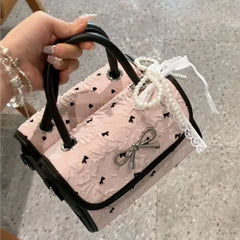 Cyflymder   Korean Style Sweet Cute Bow Handbag Women Pleated Lace Gentle Shoulder Bags Ladies Lovely Print Pattern Exquisite Crossbody Bag