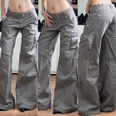 Cyflymder   Chic Gray Cargo jeans Y2k Streetwear Casual Loose Denim Pants For Women Aesthetic 90s Low Waist Straight-leg Trousers