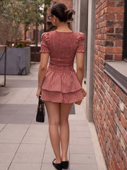 Cyflymder  Sweet Style Gingham Check Mini Dress For Women Round Neck Short Puff Sleeve Double Ruffle Hem Skirt Lady's Vacation Dating Frock