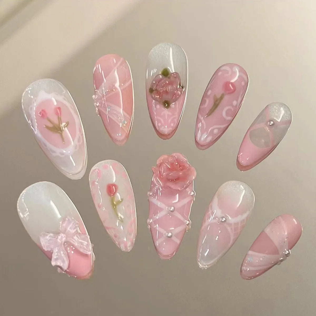 Cyflymder  24Pcs Pink Smudge Press on Fake Nails Mid-length Almond Reusable False Nail Bow Heart Rhinestone Pearl Full Cover Nails Tips Art