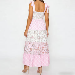 Cyflymder  Women Floral Plaid Tiered Maxi Dress Tie-Shoulder Smocked Bust A-Line Dress Cottage Coquette Wedding Guest Outfit
