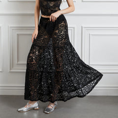 Cyflymder  Women Summer Solid Color Long Skirt Casual See-Through Lace Elastic A-Line Skirt for Beach Vacation Club