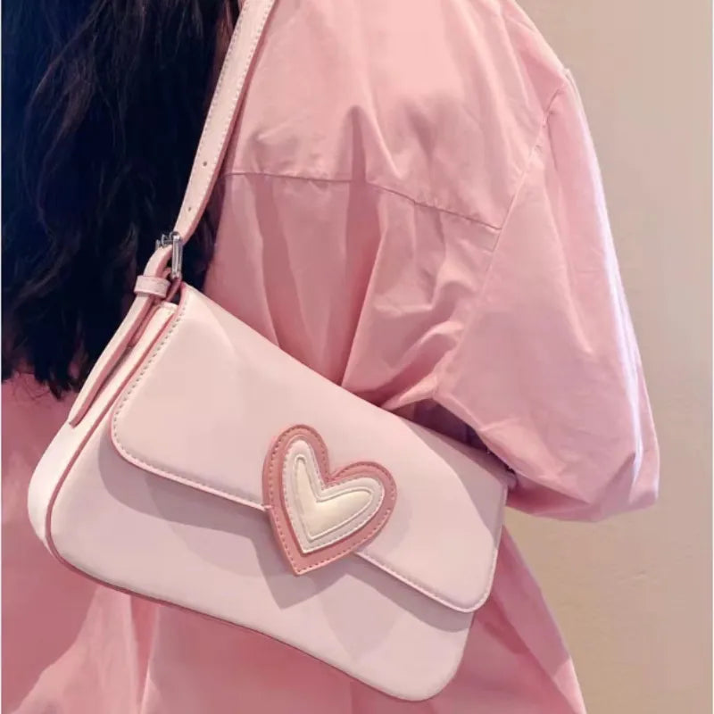 Cyflymder Pink Heart Women's Shoulder Bags Small Square Flap Underarm Bag Fashion Love Ladies Armpit Bag Clutch Purses Female Handbags