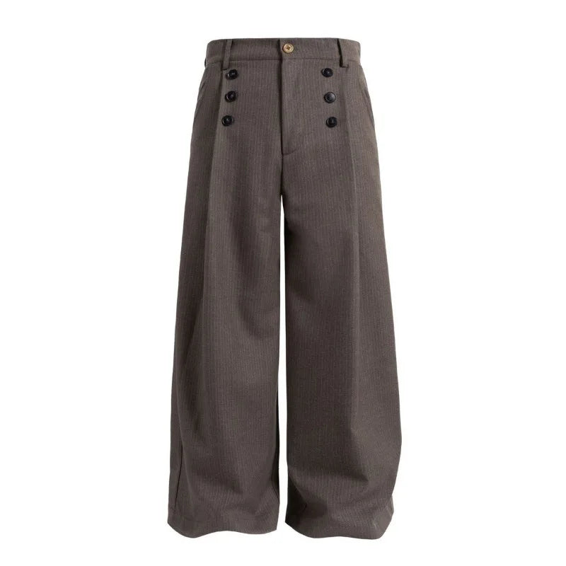 Cyflymder  Brown Wide Leg Women Suit Pants Vintage Button Pleated Old Money Style Straight Trousers Baggy A-Line Basic Casual