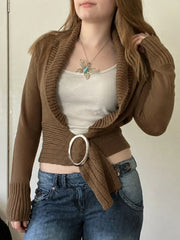 Cyflymder   casual vintage solid Turn Down Collar long sleeve short slim-waist knitted Cardigan