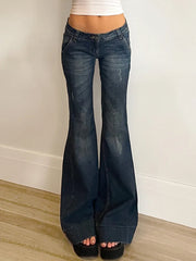 Cyflymder  Women's Low Rise Flared Jeans Y2K Vintage Slim-Fit Blue Denim Pants 2000S Retro Streetwear Harajuku Fashion All-Match Trousers