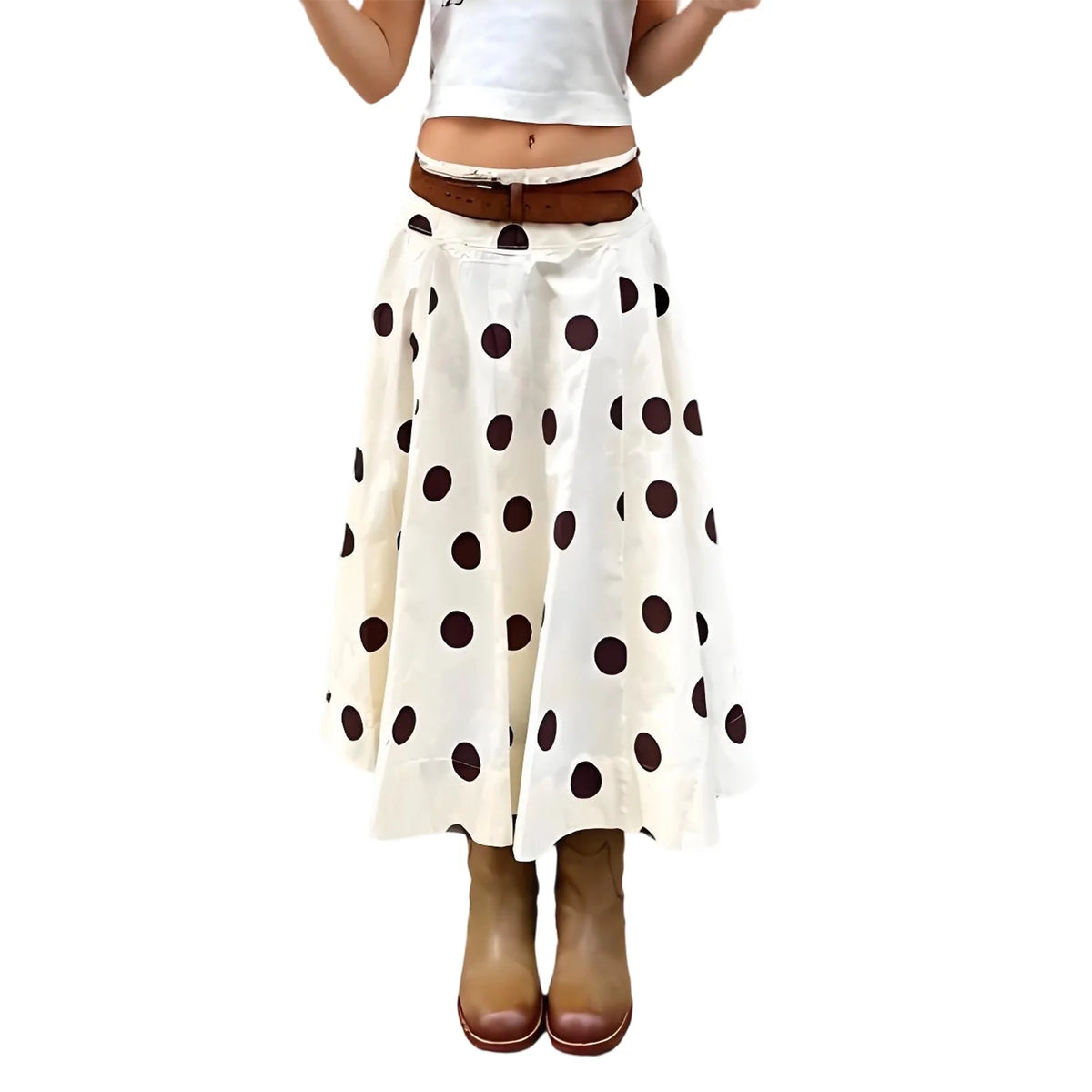 Cyflymder  Women White A-Line Skirt Dots Print High Waist Midi Skirt Elegant Swing Skirts for Daily Leisure and Work