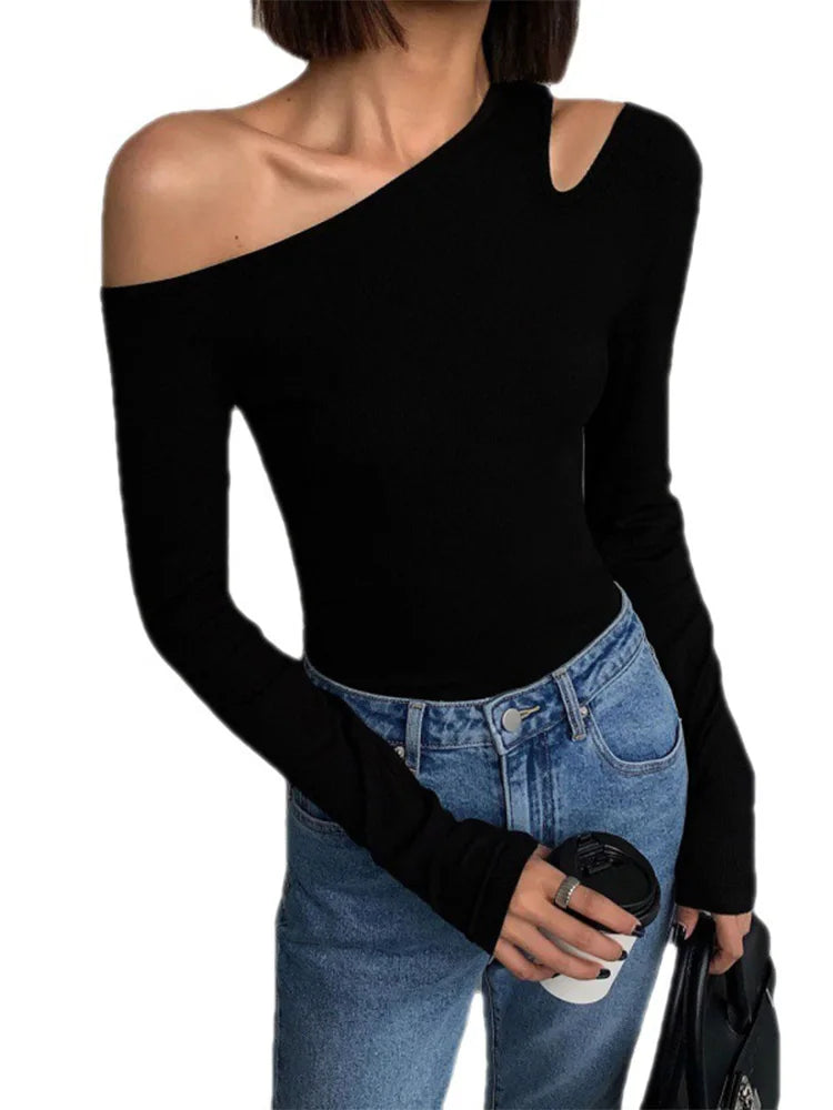 Fashion Skew Collar Off-shoulder Long-sleeved T-shirts Women Spring New Solid Slim Fit Crop Top Sexy Hollow Out Tees Shirts Cyflymder