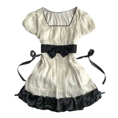 Cyflymder  French Sweet Summer High Street Square Collar Dress Spliced Constrast Color Lace Up Bow Appliques Clothe Y2k Harajuku Punk Dress