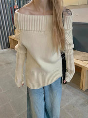 Cyflymder comfy outfits winter Vintage Off Shoulder Sweater Women Solid Elegant Sexy Knitwear Long Sleeve Jumper Slash Neck Causal Harajuku Pullovers