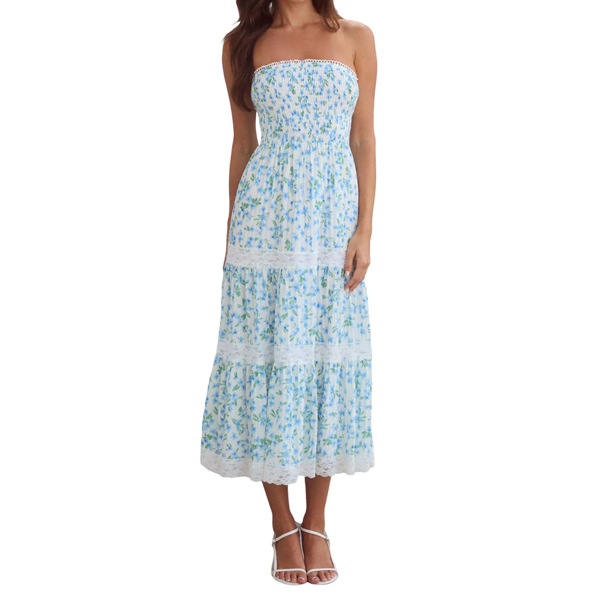 Cyflymder  Women s Strapless Long Dress Sleeveless Lace Patchwork Floral Print Bandeau Dress Summer Midi Dress