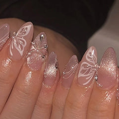 Cyflymder  3D Gold Butterfly French Wearable Nail Art Sparkling Purple Cat Eye False Nails Detachable Finished Fake Nails Press on Nails