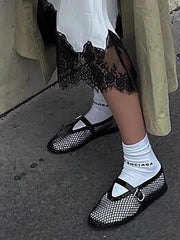 Cyflymder  New Fashion Fishnet Mary Jane Flats Women Black Breathable Mesh Sandals Ballet Shoes Flats Lady Casual Dress Shoes Summer