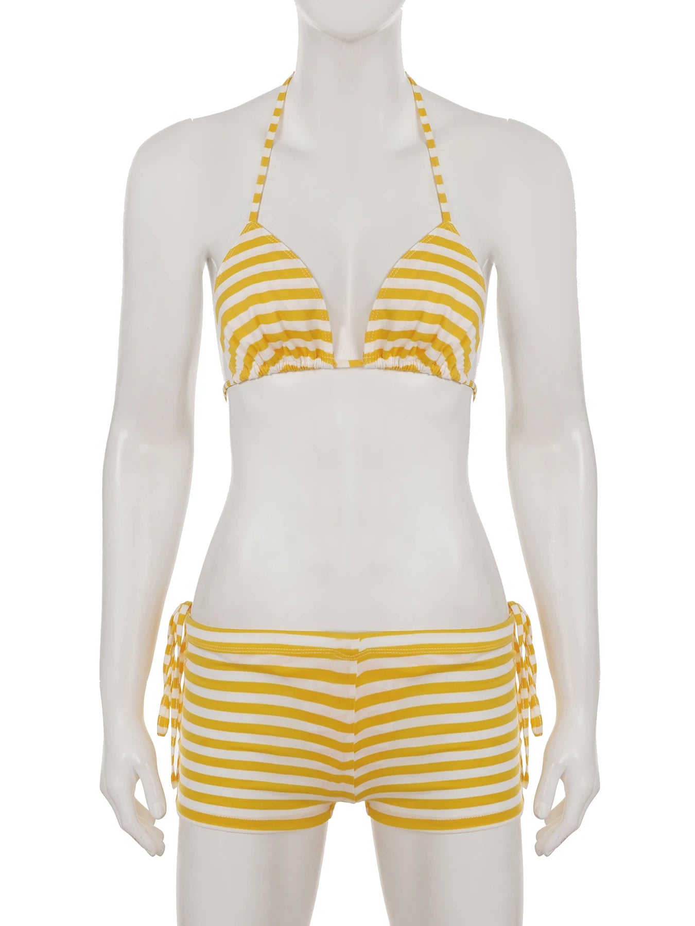 Cyflymder  Beach Style Striped Bikini Sets Holiday Sexy Bandage 3 Piece Sets Backless Brief Halter Tops Low-Waisted Pantys Shorts