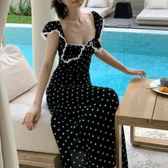 Cyflymder  Female Clothing Square Collar Lace Dresses Polka Dot Summer New Stylish Ruffles French Style Flying Sleeve Aura Waist Long Dress