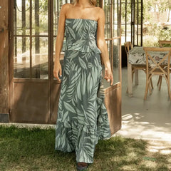 Cyflymder  Summer Fashion Pattern Print Holiday Outfit Women Sexy Sleeveless Draped Long Skirt Suit Elegant Strapless Crop Top & Skirts Set