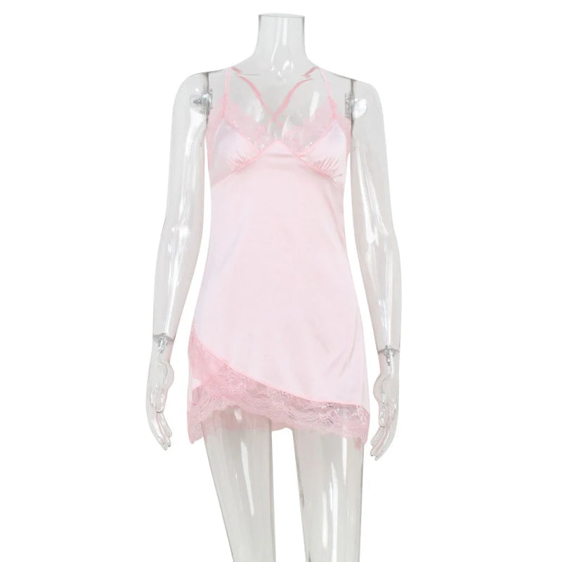 Cyflymder  Sexy Pink Lace Patchwork Suspender Nightgown Criss-cross Backless V-neck Satin Comfort Solid Color Women's Sweet Nightdress