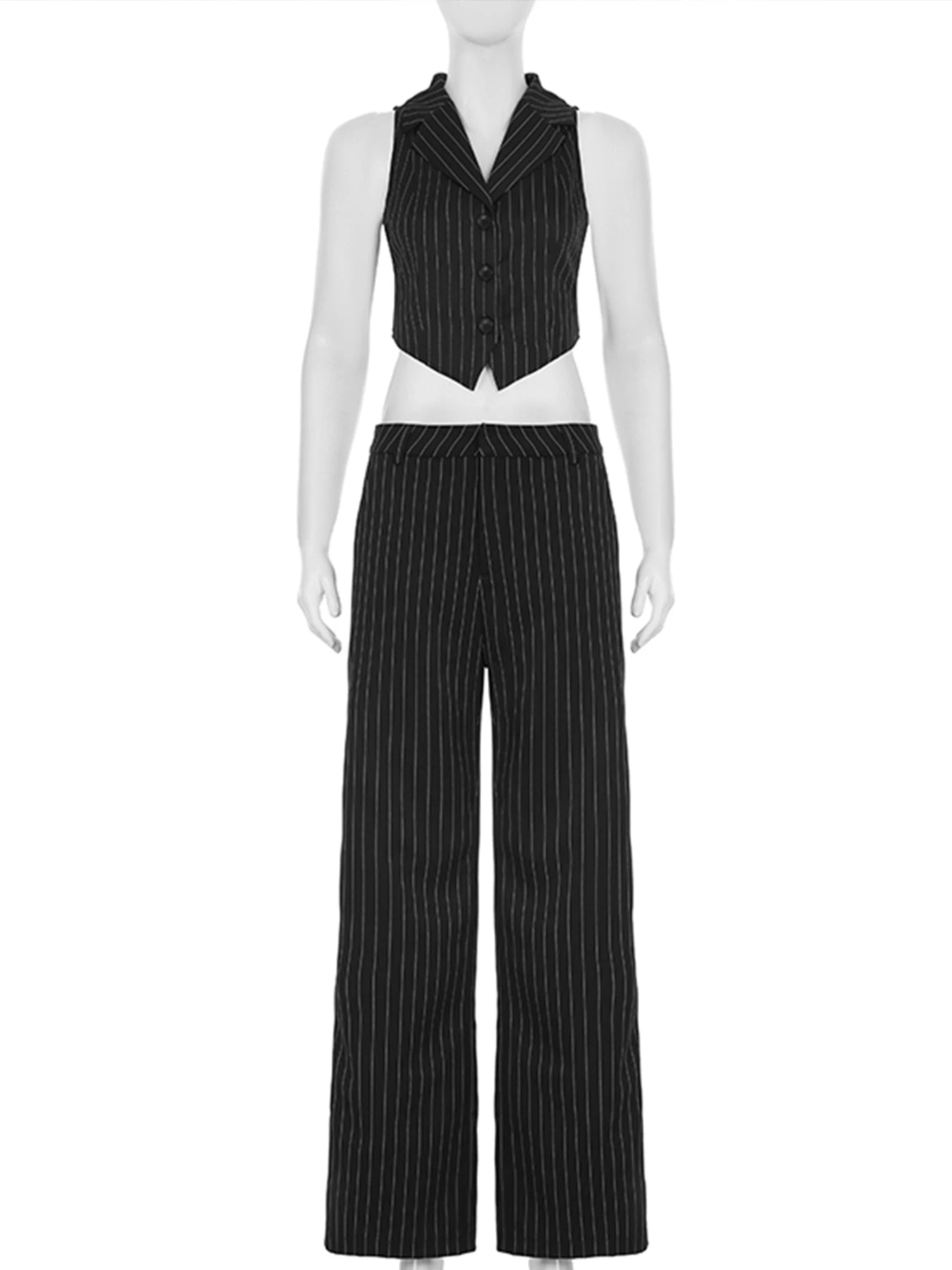 Cyflymder  Elegant Fashion Striped Pants Sets Women 2025 Sexy Slim 2 Piece Sets V-Neck Sleeveless Crop Tops Mid-Waisted Suit Pants