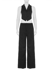 Cyflymder  Elegant Fashion Striped Pants Sets Women 2025 Sexy Slim 2 Piece Sets V-Neck Sleeveless Crop Tops Mid-Waisted Suit Pants