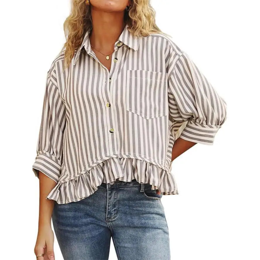 Cyflymder  Casual Stripe irt Women's Summer Top Button down ort Sve Gathered Hem Bubble Sve Polyester Fiber Commute Sleeve