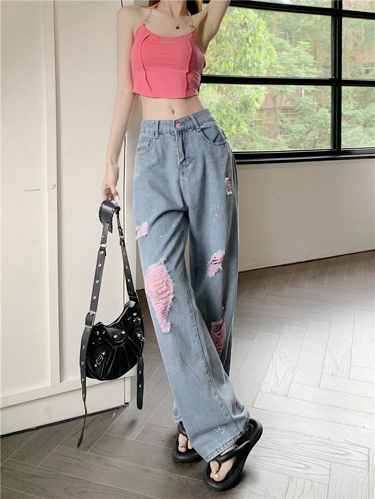 Cyflymder  Hot Girl Torn Jeans Women's Summer High Waisted Pink Ripped Loose Draped Demin Wide Leg Pants Fashion Casual Female Clothes
