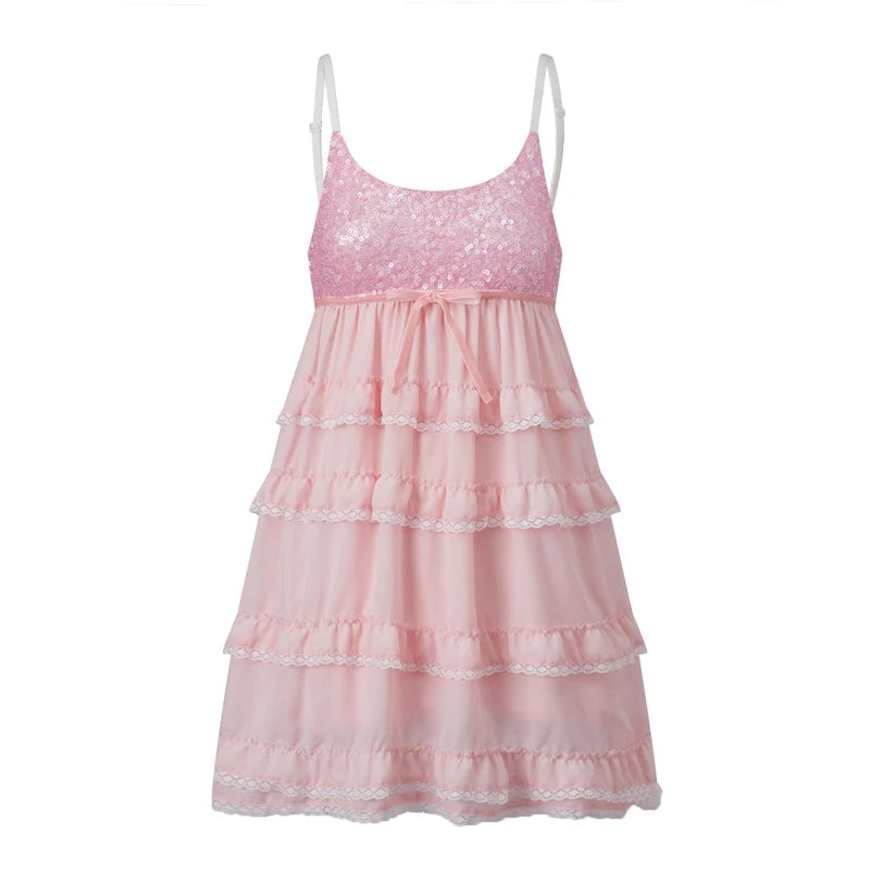 Cyflymder  Women Sequin Lace Edge Ruffled Mini Dress Multi-Layered Spaghetti Strap Sleeveless Cute Bow Short Dress Club Party