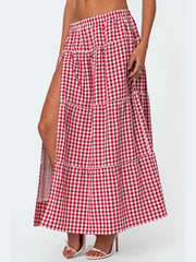 Cyflymder  Fashion Women Summer A-Line Skirt Casual Plaid Print High Split Elastic Waist Skirt for Beach Vacation Club Streetwear