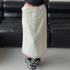 Cyflymder  Beige Casual Woven Inelastic Woman Long Skirt Soild Color Sheer Chiffon A-Line Skirt Ruffle Waistband Elastic Waist Bottom