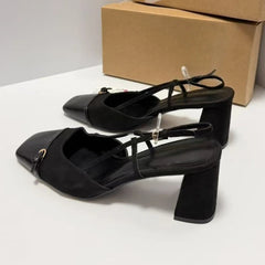 Cyflymder   Chunky Heels Summer Women Slingback Sandals Vintage Square Toe Brown Suede Buckle Belt Patchwork Elegant Office Ladies Shoes