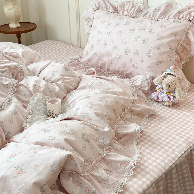 Cyflymder  Korean Princess Style Ruffles Flower Print Bedding Set Duvet Cover Set Bed Skirt Bedspread Pillowcases 100% Cotton Home Textile