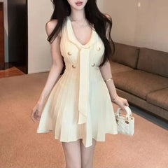 Cyflymder  Fashionable French Style V-Neck Bandage Mini Dress Female Vintage Sleeveless Summer Elegant Folds Waist A-Line Knitted Dresses