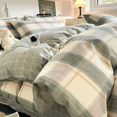 Cyflymder New Pure Cotton Bedding Set with Fitted Sheet Duvet Cover Pillowcase Simple Printed Grid Comfortable Bedclothes Single Double