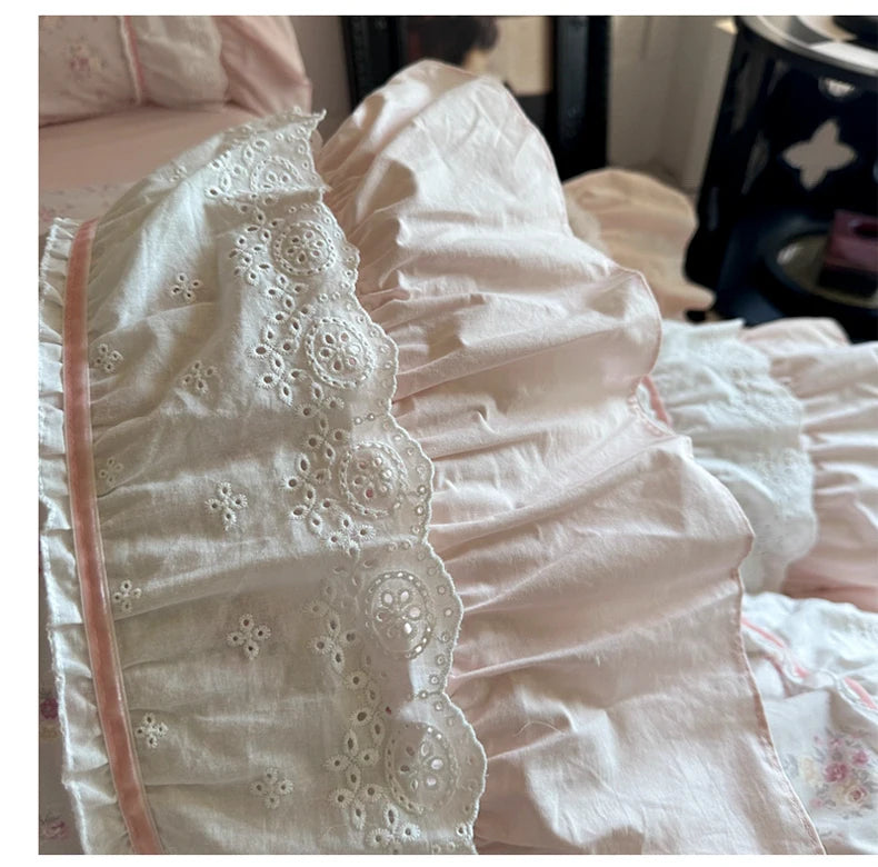 Cyflymder  Pink Floral Double Layer Lace Ruffles 100% Cotton Bedding Set Duvet Cover Set Bed Sheet/Bed Skirt/Fitted Sheet Pillowcases 4Pcs