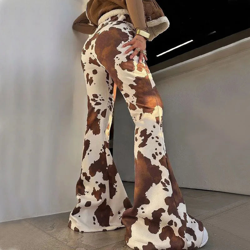 Cyflymder  Sle Women's Brown Cow Print Flared Pants Slimming Sexy ow Body ape Beautiful Bell Bot Casual Trousers