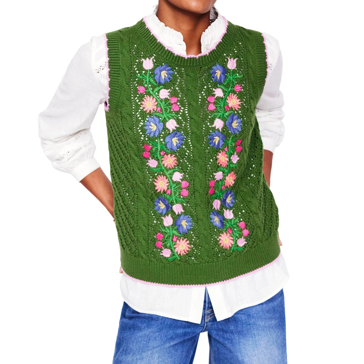 Cyflymder  Women s Sleeveless Knit Sweater Vest with Floral Embroidery Cozy Crew Neck Tank Top Stylish Knitted Sleeveless Pullover