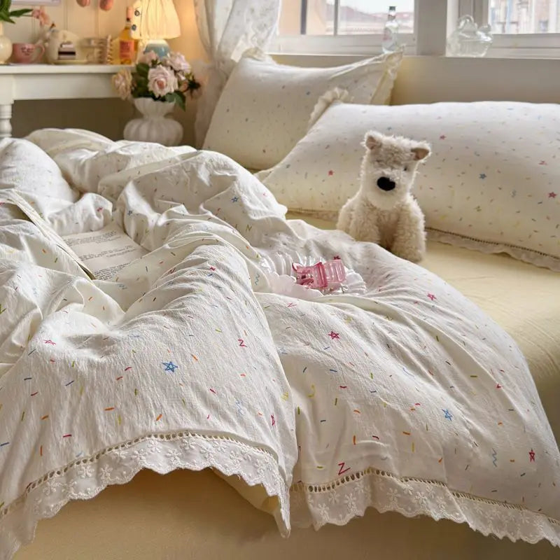 Cyflymder  Korean Style Girly Heart Floral Double Layer Gauze Four-Piece Set Princess Style Lace Trim Quilt Cover Bed Sheet Dormitory